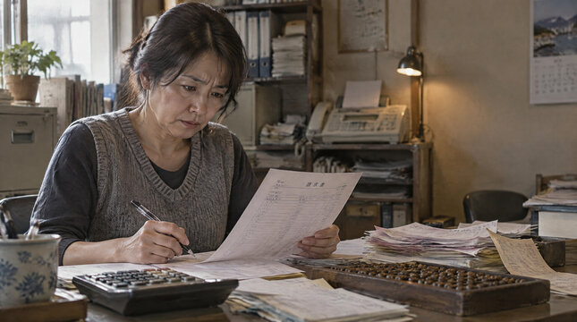 書類をチェックして記入する中小企業の女性