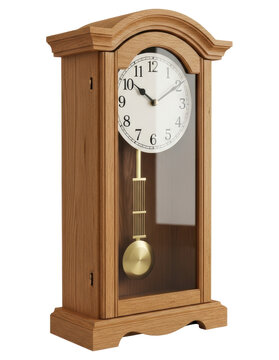 Traditional wooden pendulum mantel clock isolated on a transparent background
