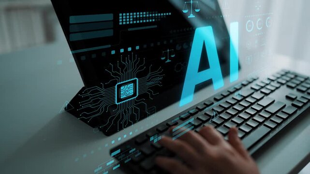 AI circuit microchip with glowing blue lines, surrounded by legal scales, warning symbols, data sheets, and binary codes, representing ethical AI, AI governance, and data integrity Marrow