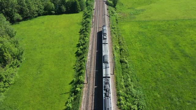 Aerial view of a passenger train, western railway line near Stra&szlig;walchen, Salzburg, Austria