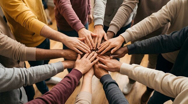 Diverse group of people putting their hands together in a circle as a symbol of unity, teamwork, cooperation, and support