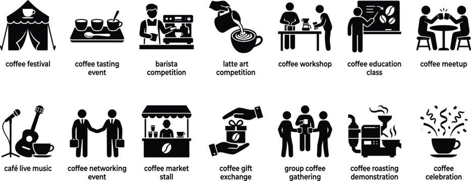 Set of black icons depicting various coffee related activities and social coffee events