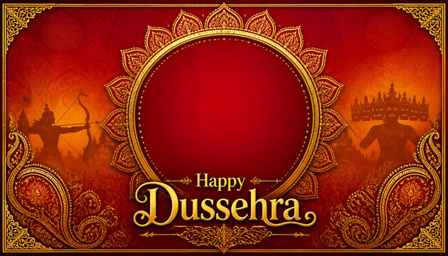 Happy dussehra festival greeting card background with golden floral frame