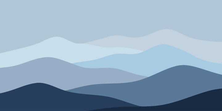 Abstract blue mountain landscape illustration with layered minimalist hills and serene wavy horizon lines