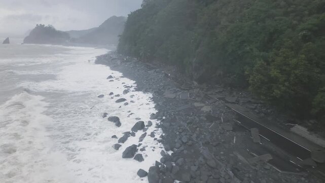 Destroyed Coastal Highway And Debris After Hurricane Storm Surge