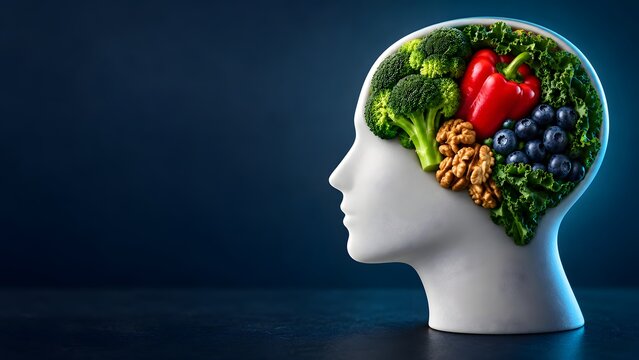 Healthy food for brain health and cognitive function concept with head silhouette filled with vegetables and fruits