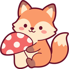 Fototapeta premium Cute Kawaii Fox Character Holding a Red Spotted Mushroom Illustration for Childrens Books and Nature Projects
