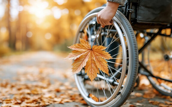 Close up of person in wheelchair on paved path in autumn park