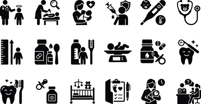 Set of pediatric and healthcare icons featuring baby care medical checkups and dental hygiene elements for children