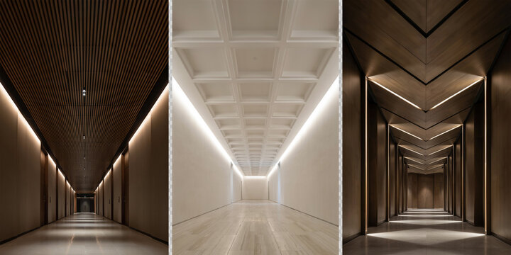Three perspectives of a modern hallway with wood paneling, coffered ceilings, and linear