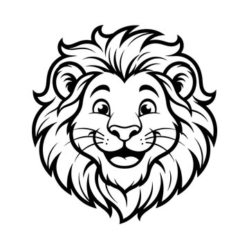 Cartoon lion head mascot logo illustration in black and white line art style