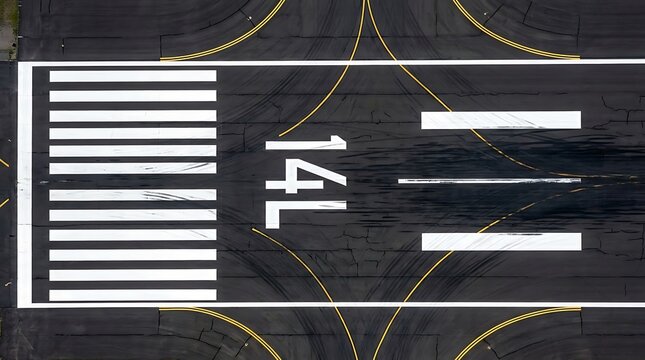 Down view of airport runway threshold marked 14 l with white stripes and dark tire skid marks