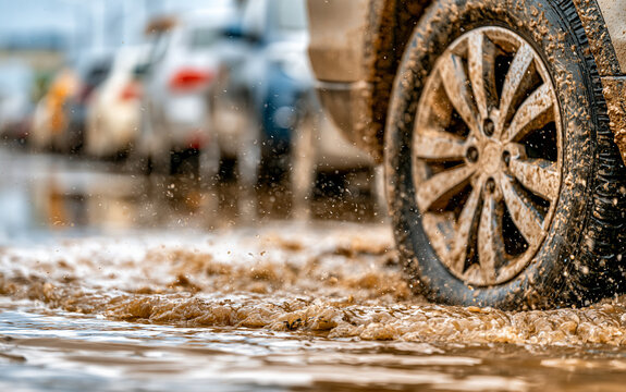 Dirty car moving through deep muddy water on flooded city road