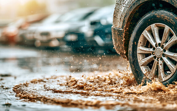 Dirty car moving through deep muddy water on flooded city road