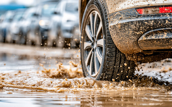 Dirty car moving through deep muddy water on flooded city road