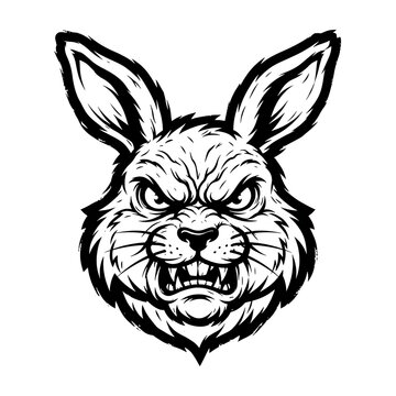 Aggressive rabbit head mascot illustration with sharp teeth and angry expression on white background
