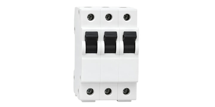 White three-pole miniature circuit breaker with black switches on a white background