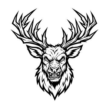 Aggressive deer head illustration with large antlers in black and white vector style design