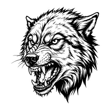 Fierce wolf head illustration with sharp teeth and aggressive expression isolated on a white background