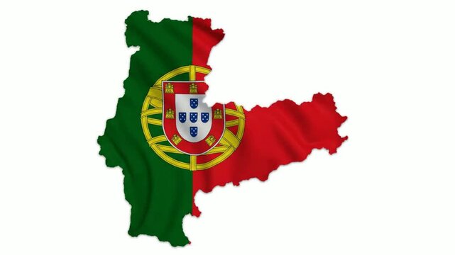 Waving portugal flag map animation isolated on white background, national identity and, travel concept