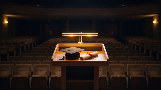 A graduation cap and diploma are placed on a podium in an empty auditorium.