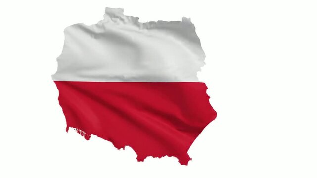 Poland map outline with waving national flag animation, isolated on white background, polish