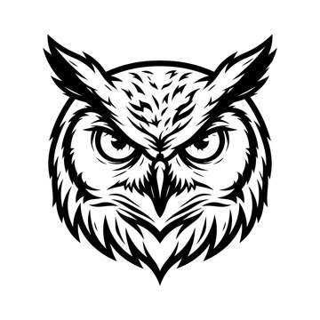 Black and white minimalist owl head illustration for sports mascot logo