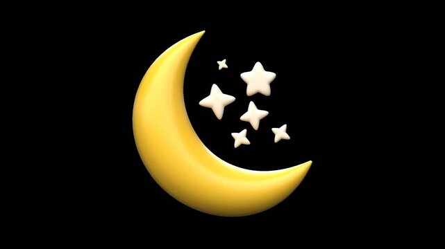 A 3D rendered yellow crescent moon with small twinkling stars, set as a seamless loop with alpha channel for video overlays, ideal for bedtime or night-themed graphics.