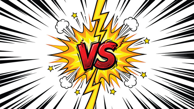 A dynamic VS graphic in a comic book style, bursting with energy and explosive elements, symbolizing confrontation and competition.