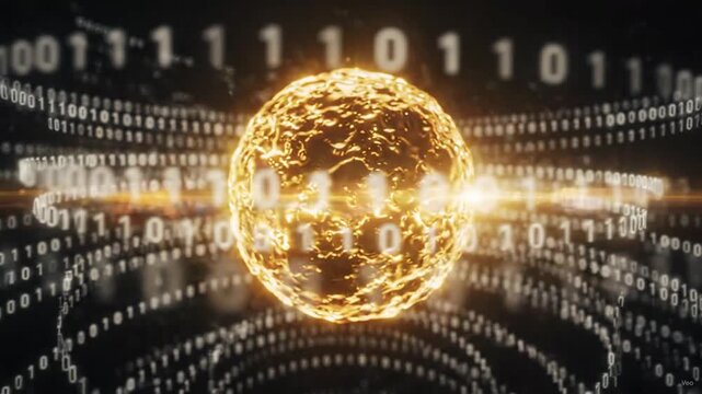 Abstract glowing golden sphere surrounded by flowing binary code data streams.