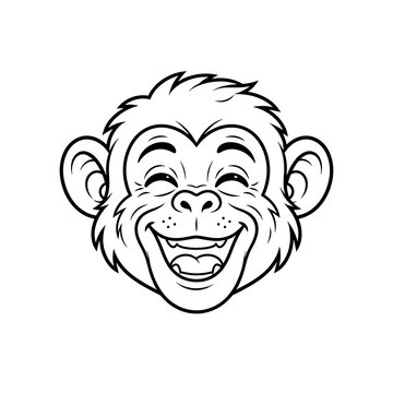 Cartoon style line art illustration of a happy laughing monkey head mascot character