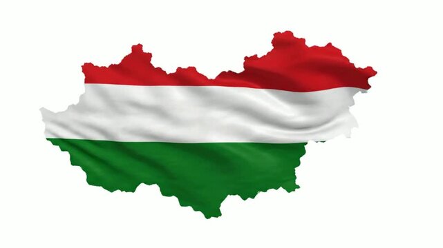 Hungary flag map animation, waving national flag inside country border silhouette, isolated on white background