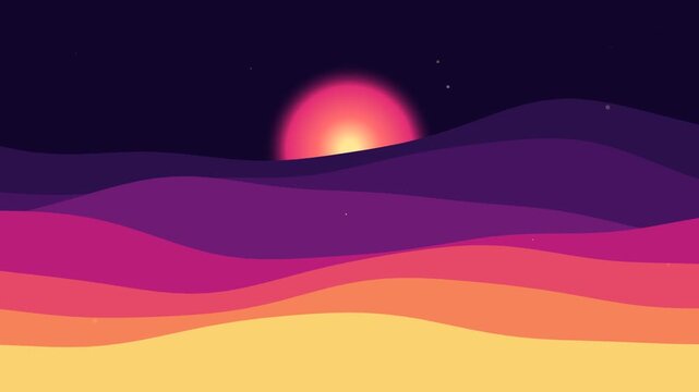 Digital Background Flat Vector Sunset Over Layered Hills Landscape