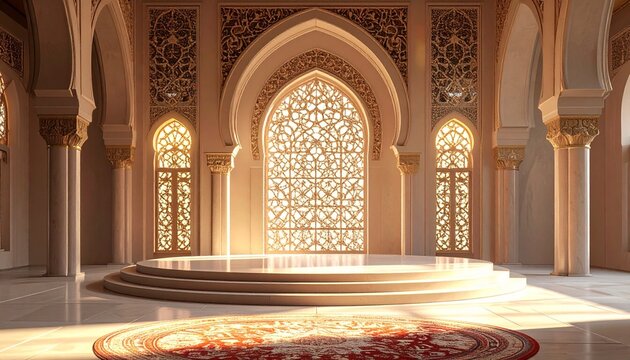 An empty circular podium sits before an ornate golden Islamic arch with lattice windows.