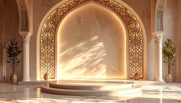 Elegant golden arch with traditional Islamic patterns and soft dappled sunlight shadows.