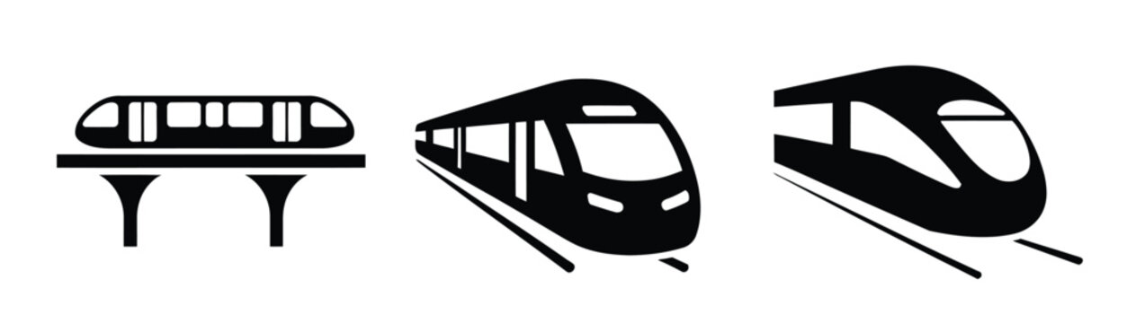 Train Monorail Icons, Public Transportation Silhouettes, Urban Transit, Commuter Rail, Railway Travel, Modern Mobility Vector Illustration