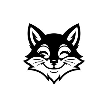 Stylized black and white vector illustration of a cute fox face with a happy smiling expression