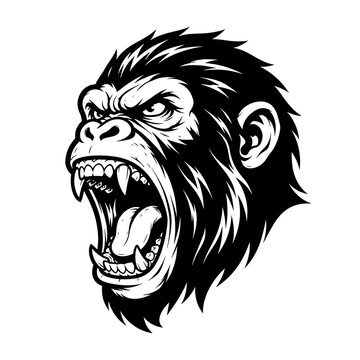 Angry gorilla head mascot logo illustration in black and white style