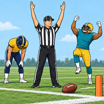 Cartoon referee signaling a touchdown while an American football player in a teal and gold uniform celebrates on the field
