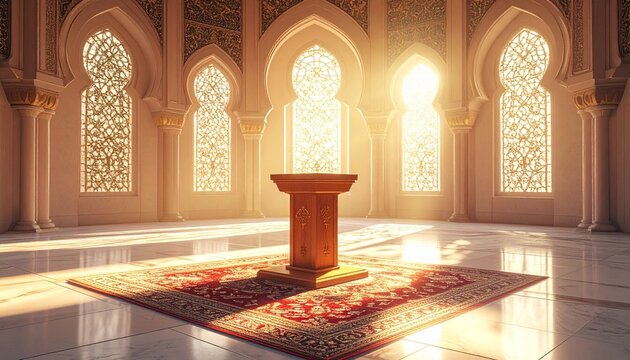 Golden sunlight streams through arched windows into a serene mosque interior with a.