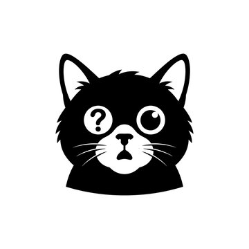 Black and white vector illustration of a confused cat head with a question mark eye