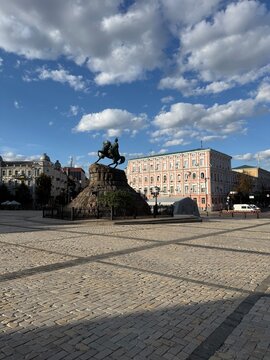 Kyiv, Ukraine, Independence Square with Bohdan Khmelnytsky Monument, Historic Architecture and Blue Sky