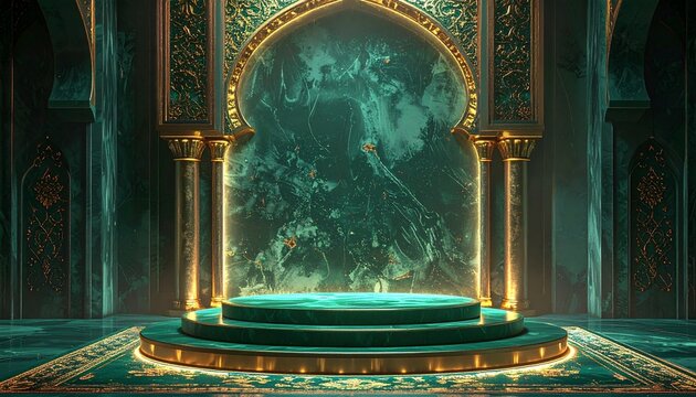 An ornate golden archway frames a glowing teal portal with classical architectural columns.