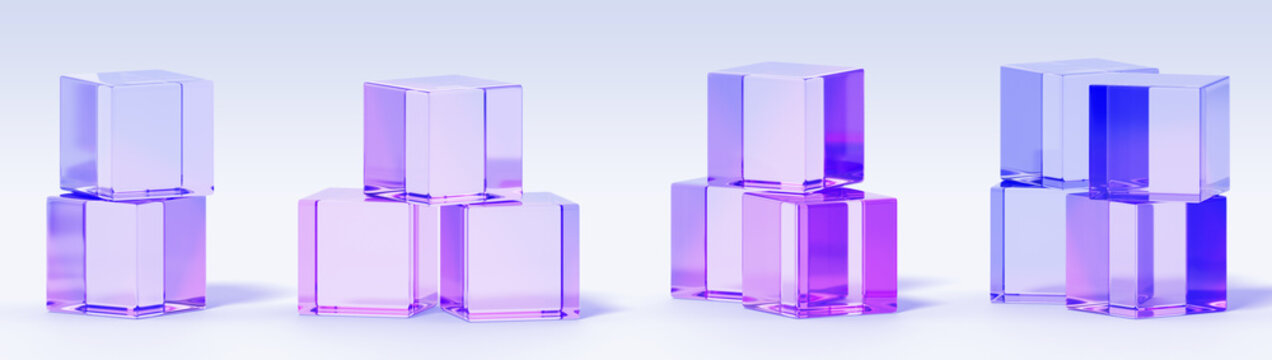 Dichroic glass cube stacks with purple blue gradient in different angles. 3D crystal light holographic blocks, cubic modular architecture, building construction game design elements. 3D illustration