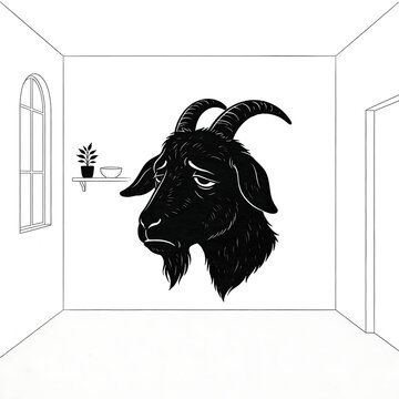 Handdrawn illustration of a sad goat head on a minimalist room wall