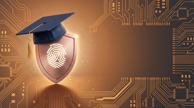Graduation cap with fingerprint security symbol on a digital technology background