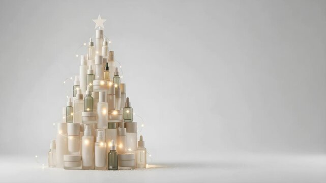 Christmas tree made of cosmetic bottles with twinkling string lights and falling snow, animated beauty advertising video