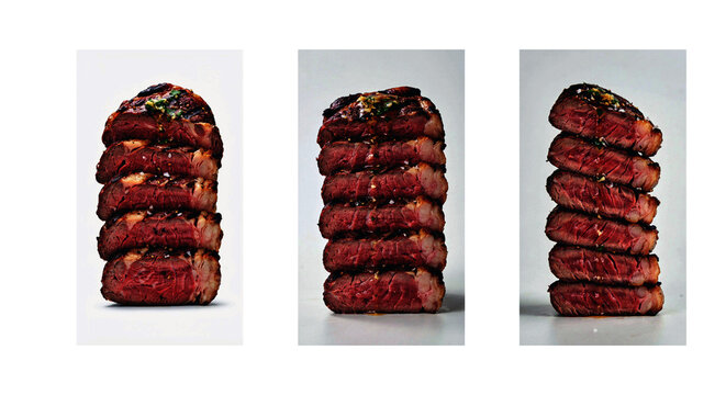 Stacked grilled beef tenderloin slices on isolated background, Medium rare sliced filet mignon stack with glaze, Gourmet cooked beef steak slices layered vertically