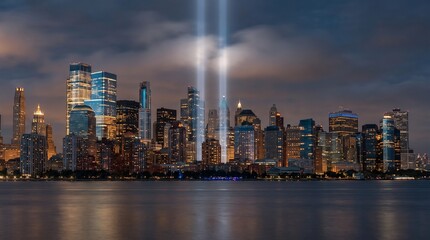 Fototapeta premium Fictional American City Skyline at Twilight with Twin Blue Memorial Light Beams