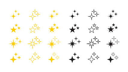 Fototapeta premium Collection of sparkling star icons in yellow and black outlines and solid fills
